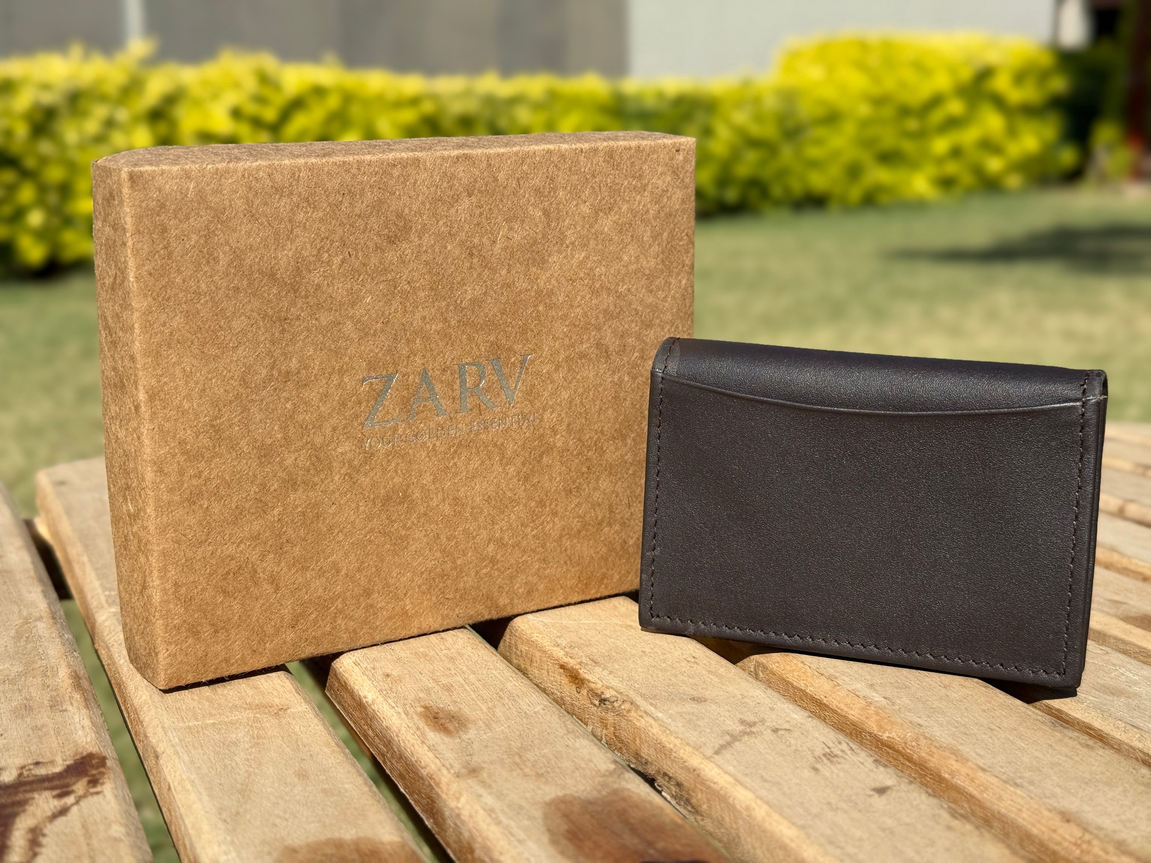 ZARV Velum Smooth Leather Card Holder in Deep Brown - Back View.