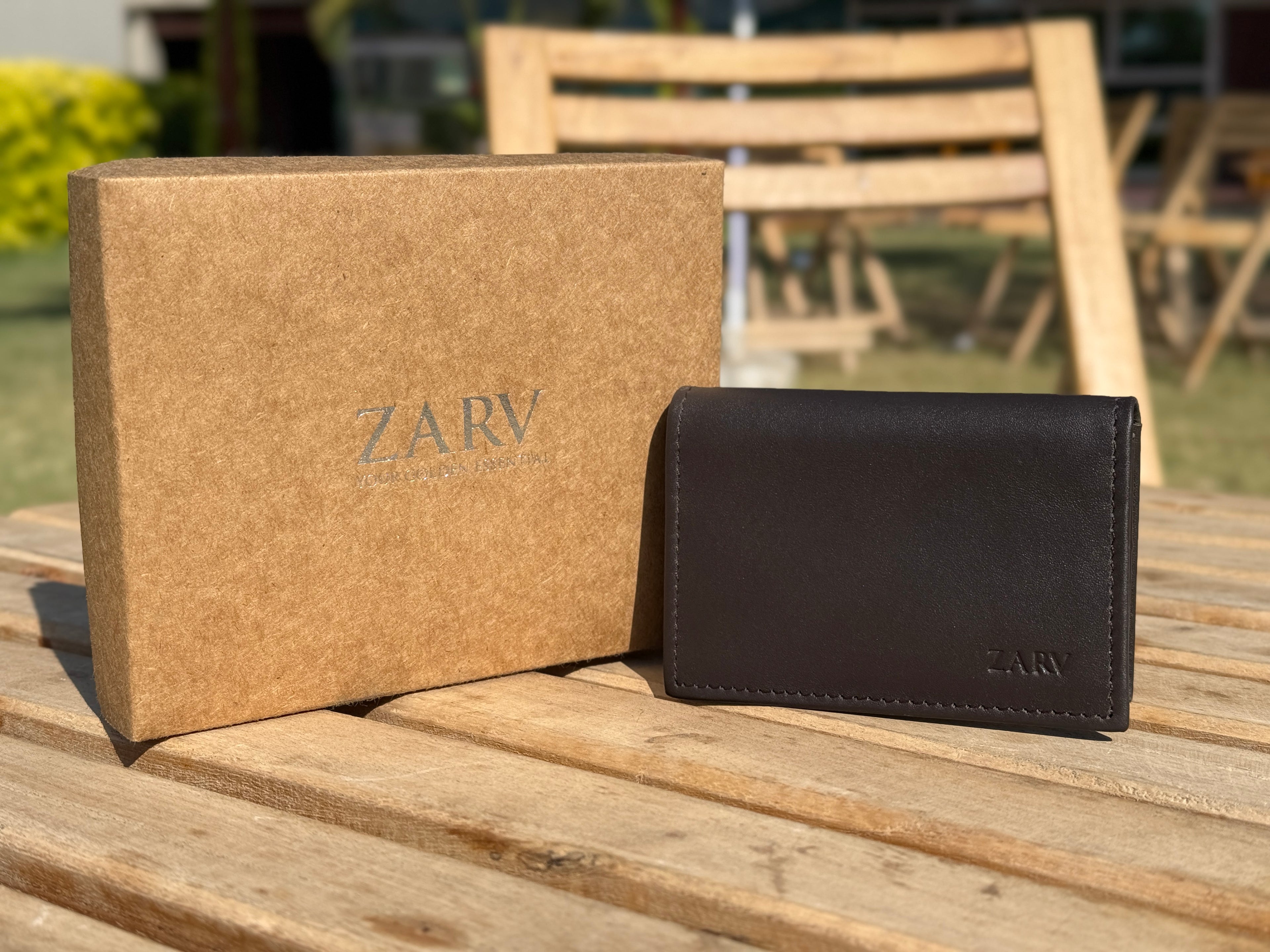 ZARV Velum Smooth Leather Card Holder in Deep Brown - Front View.