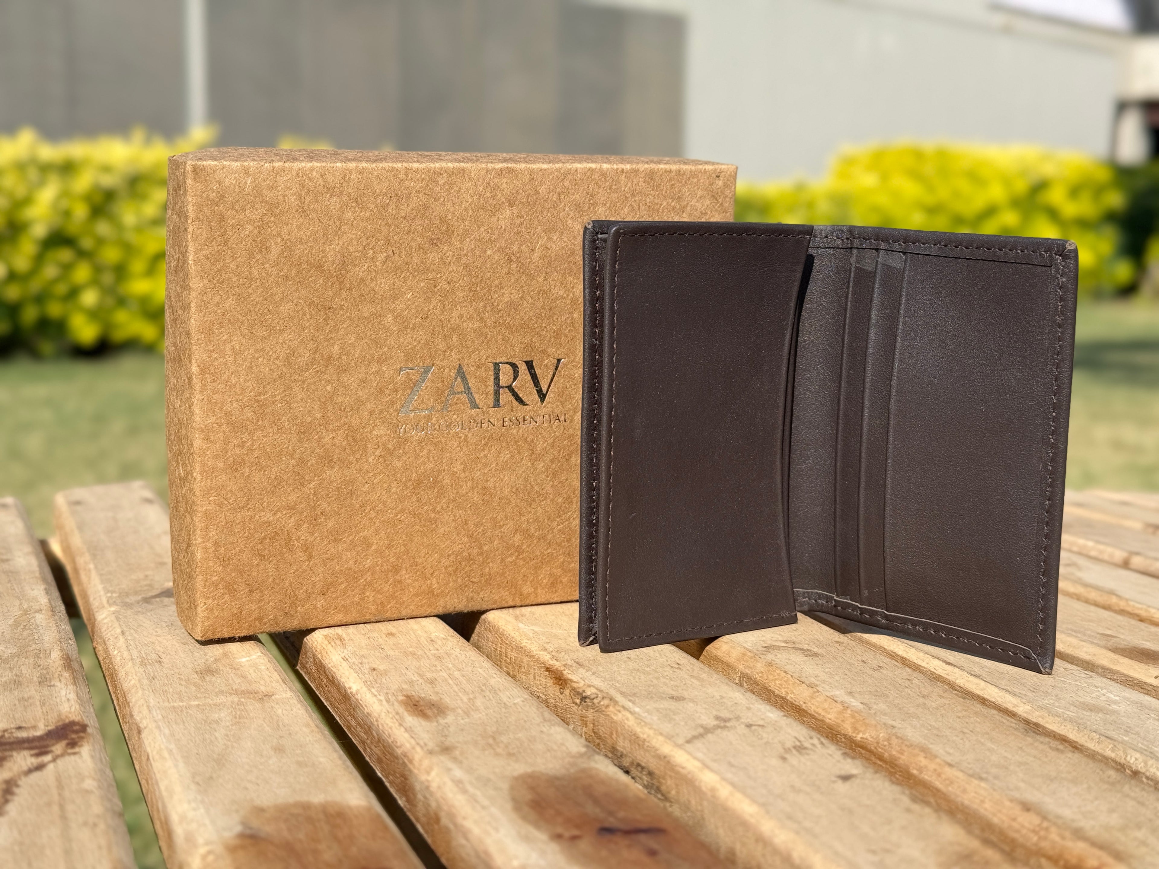 ZARV Velum Smooth Leather Card Holder in Deep Brown - Open View.