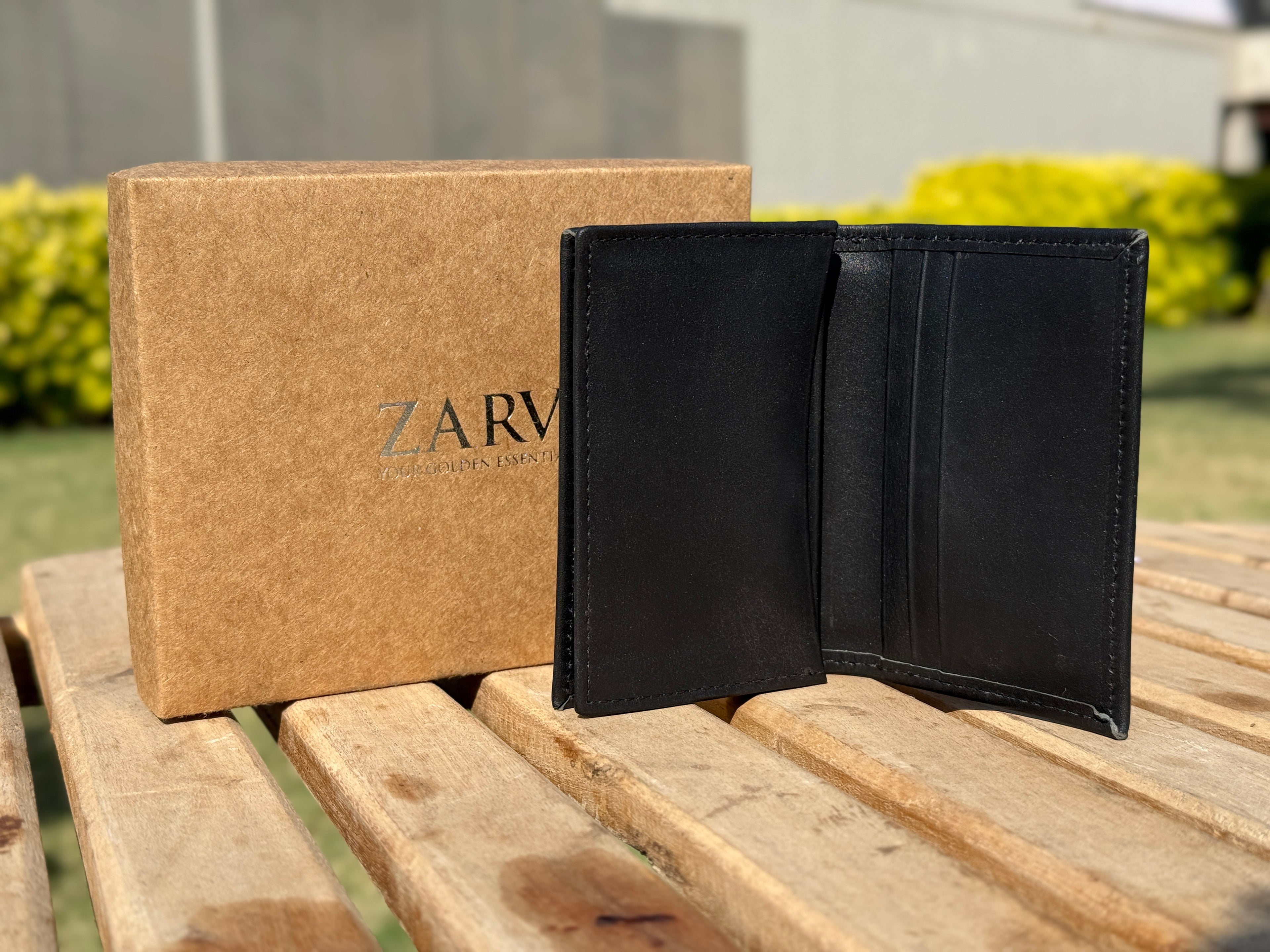 ZARV Velum Smooth Leather Card Holder in Matte Black - Open View.