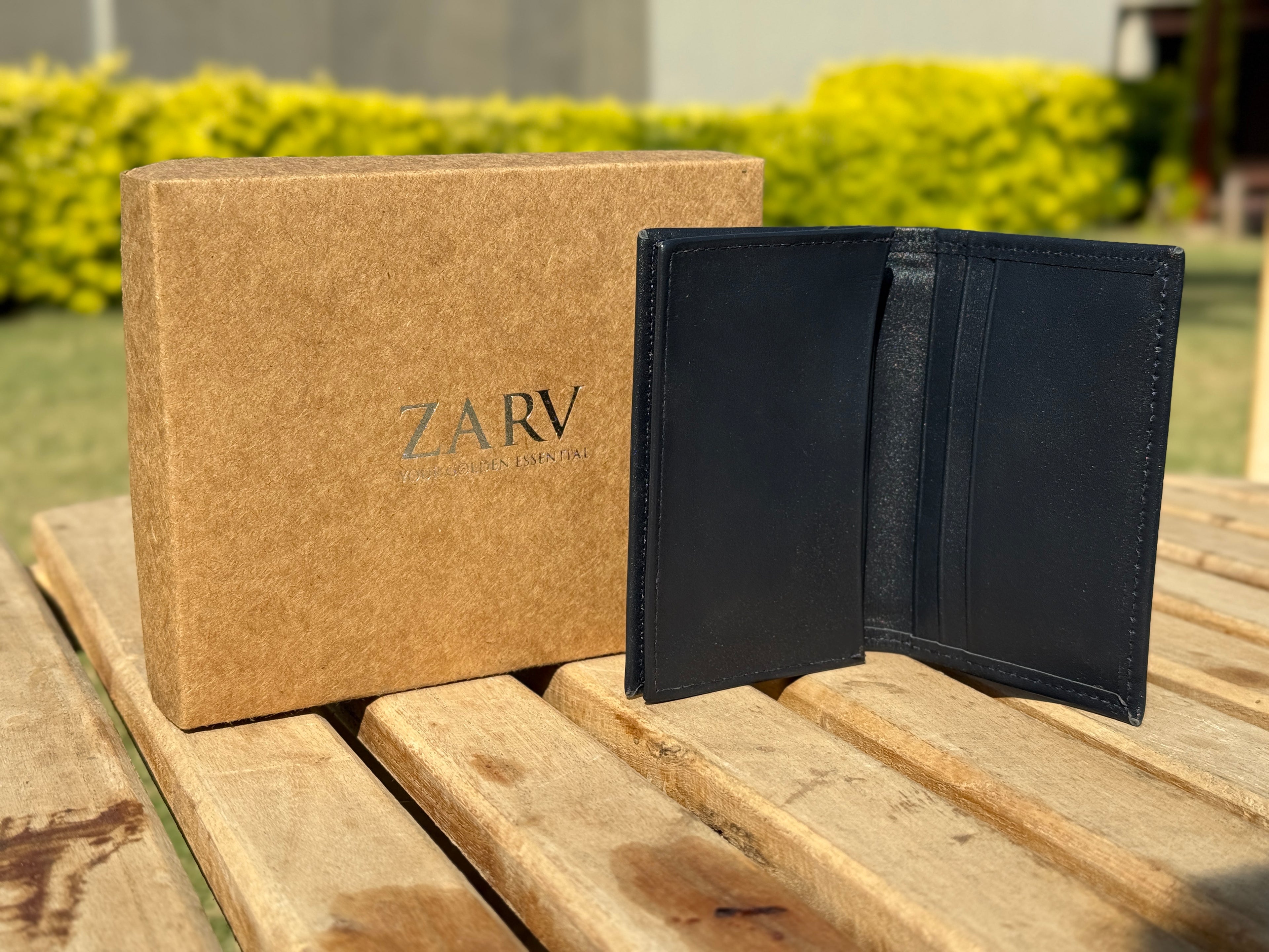ZARV Velum Smooth Leather Card Holder in Navy Blue - Open View.