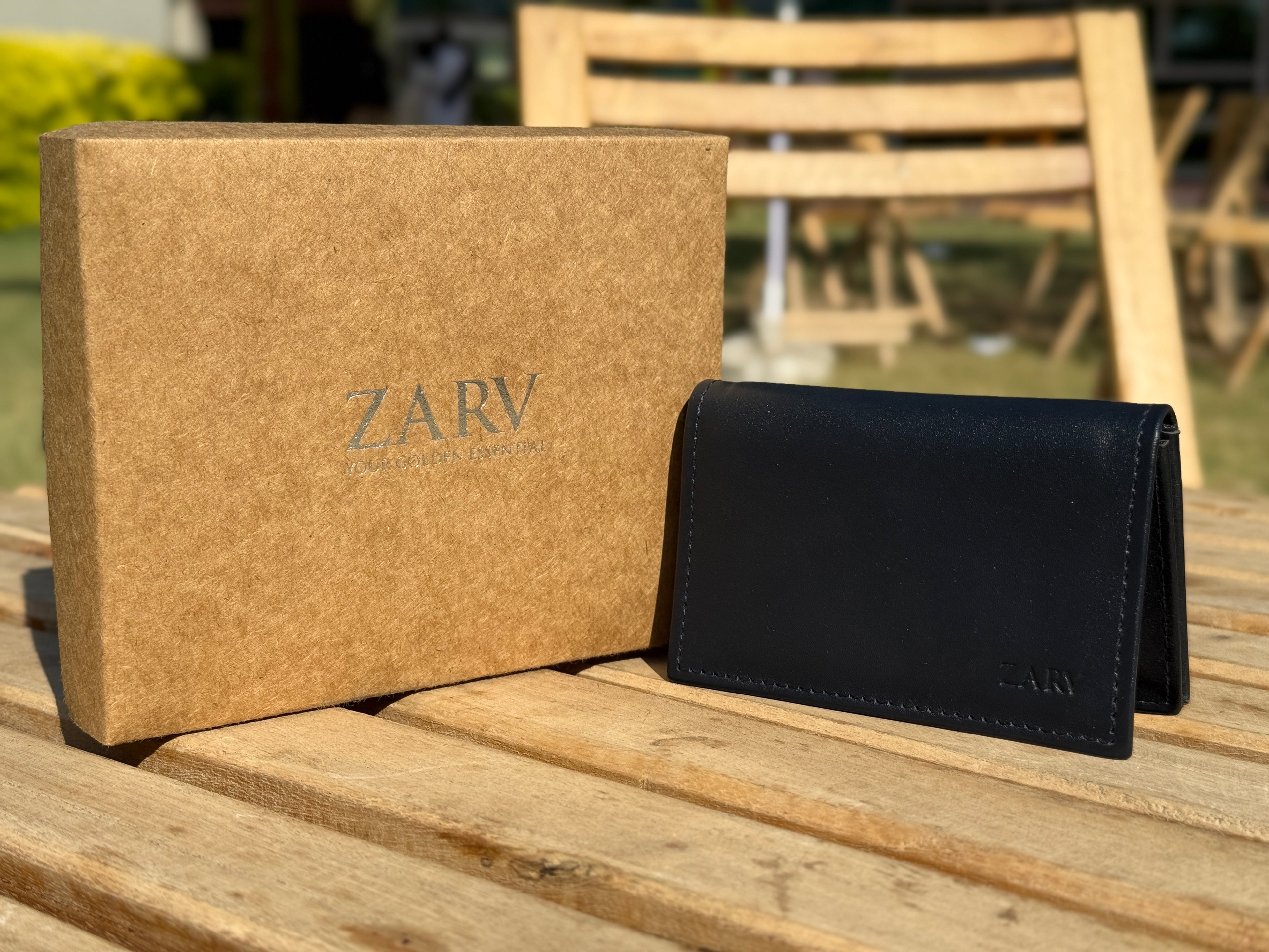 ZARV Velum Smooth Leather Card Holder in Navy Blue - Front View.