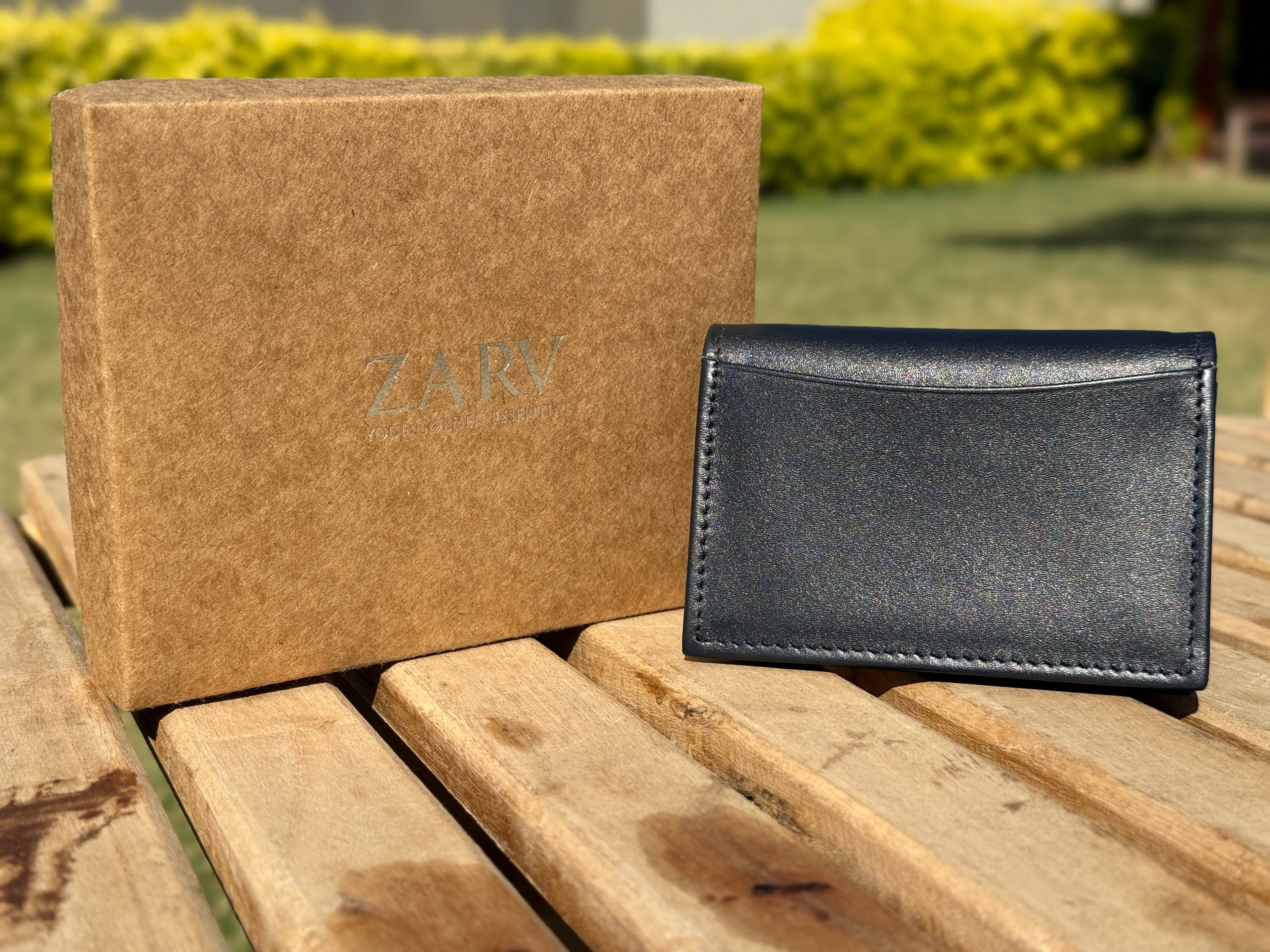 ZARV Velum Smooth Leather Card Holder in Navy Blue - Back Pocket View.