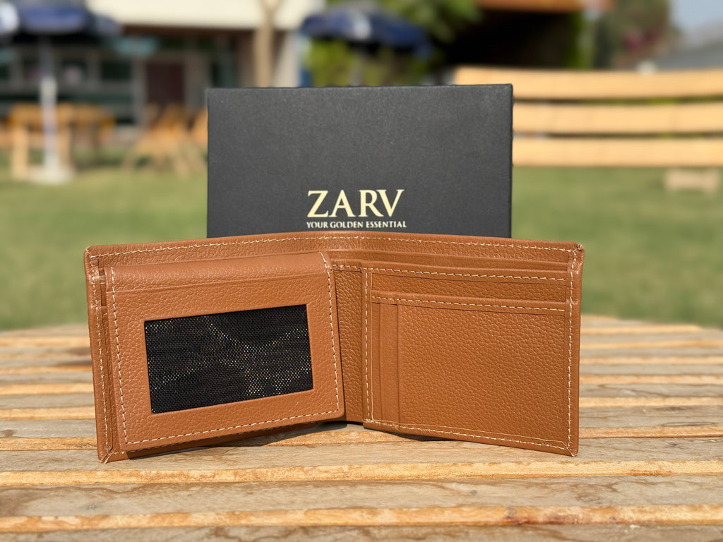 Tan leather wallet with open design on a wooden surface, featuring the brand 'ZARV'.